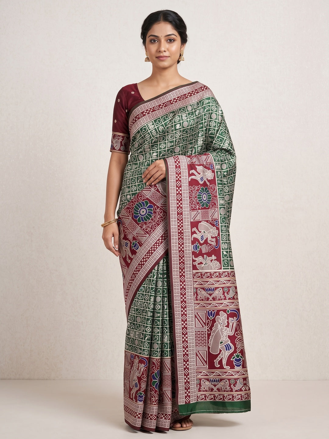 Elegant Green Weaving Cotton Silk Saree Accented With Detailed Madhubani Folk Art Work - Image 1