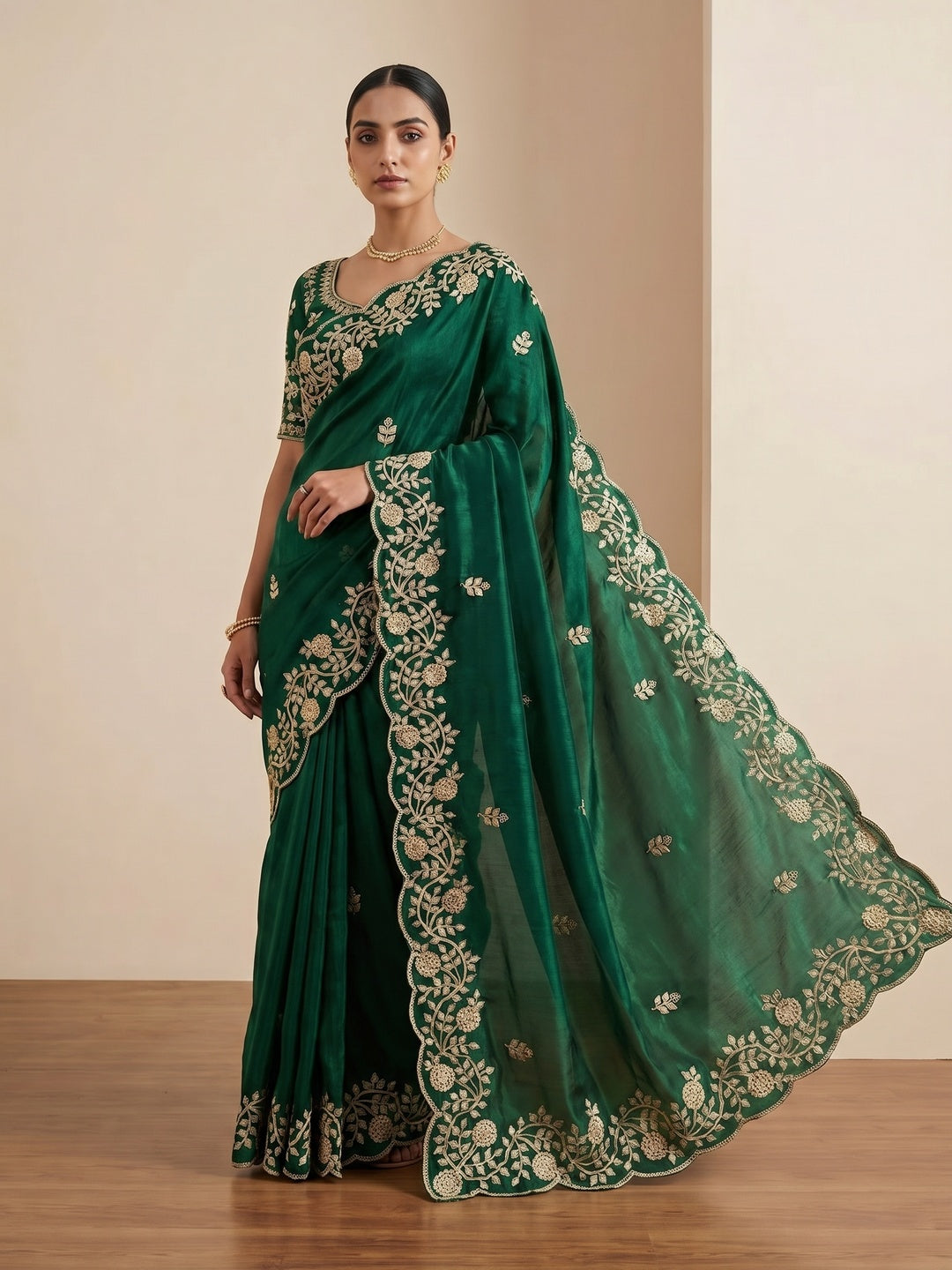 Green Party Wear Saree in Fandy Satin Fabric with Detailed Thread Embroidery Work - Image 3