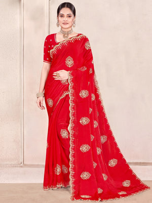 Luxury Red Floral Zari Embroidery With Sparkling Diamond Work Organza Satin Silk Saree - Image 1