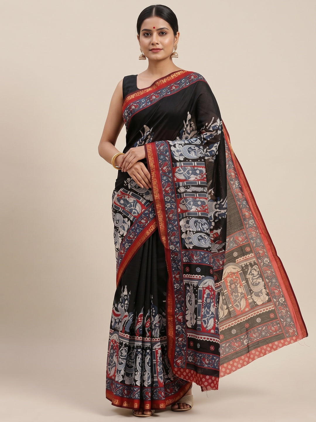 Black Kalamkari Mythological Print Viscose Saree with Pink Zari Woven Border Elegance - Image 3