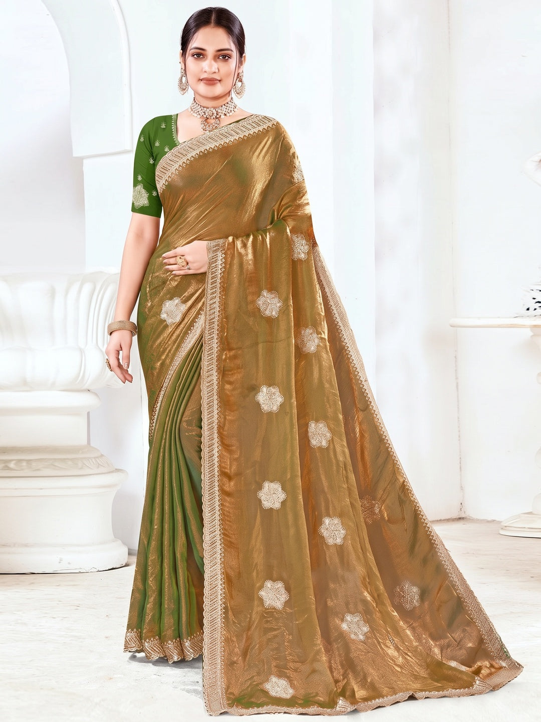 Designer Green Floral Zari Embroidery Organza Satin Silk Saree Featuring Diamond Work - Image 1