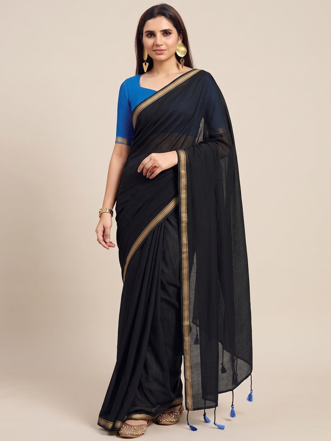Charming Black Solid Mulmul Cotton Saree Highlighted By Zari Weaving Border & Tassel Pallu - Image 3