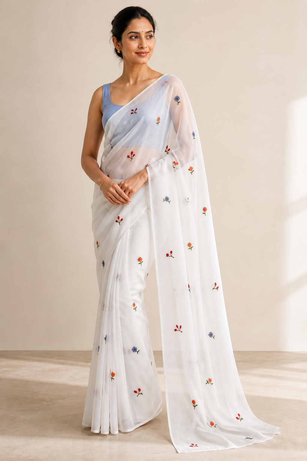Peachmode White Floral Embroidered Georgette Saree with Light Blue Blouse - Image 1