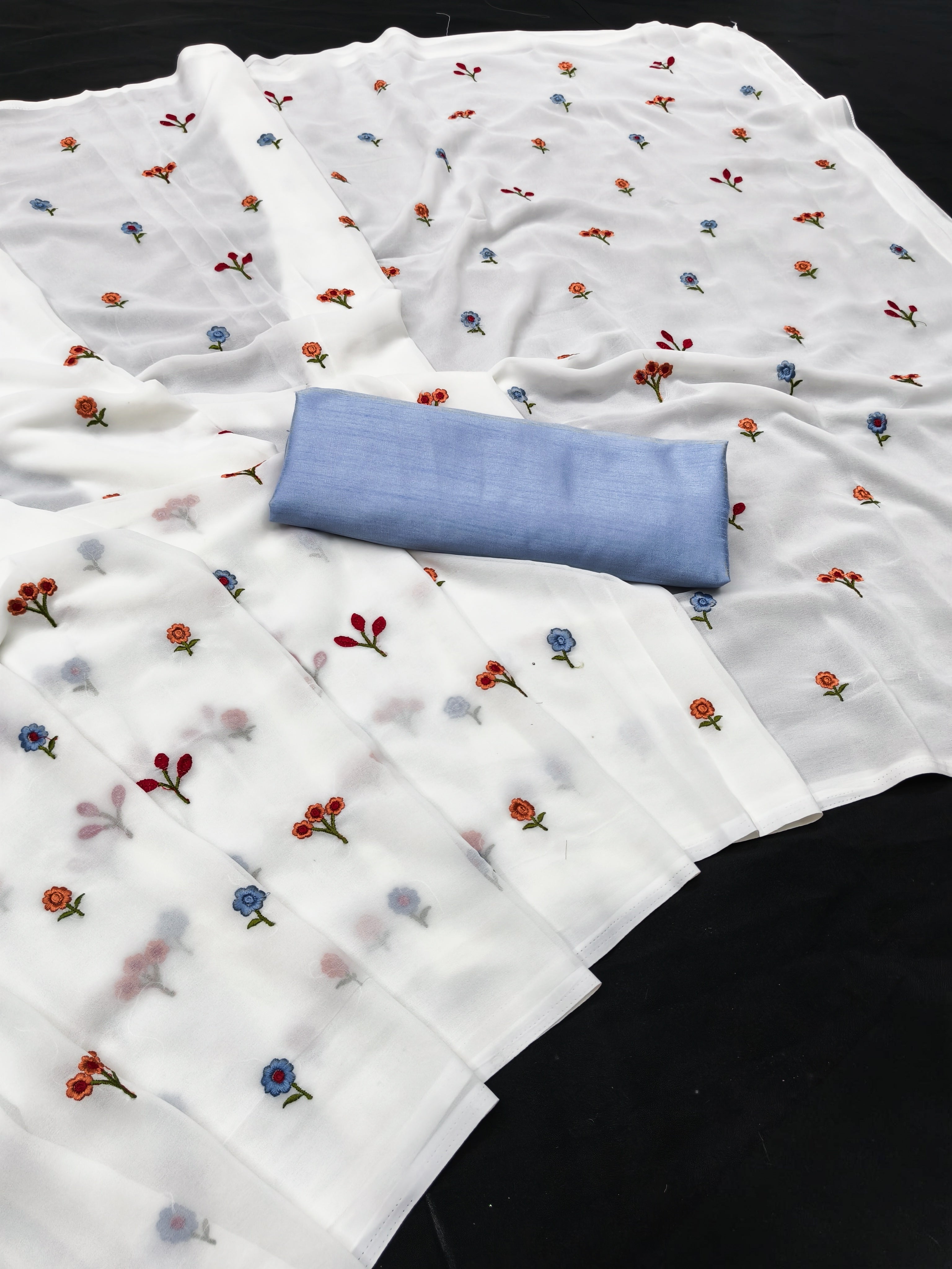 Peachmode White Floral Embroidered Georgette Saree with Light Blue Blouse - Image 3