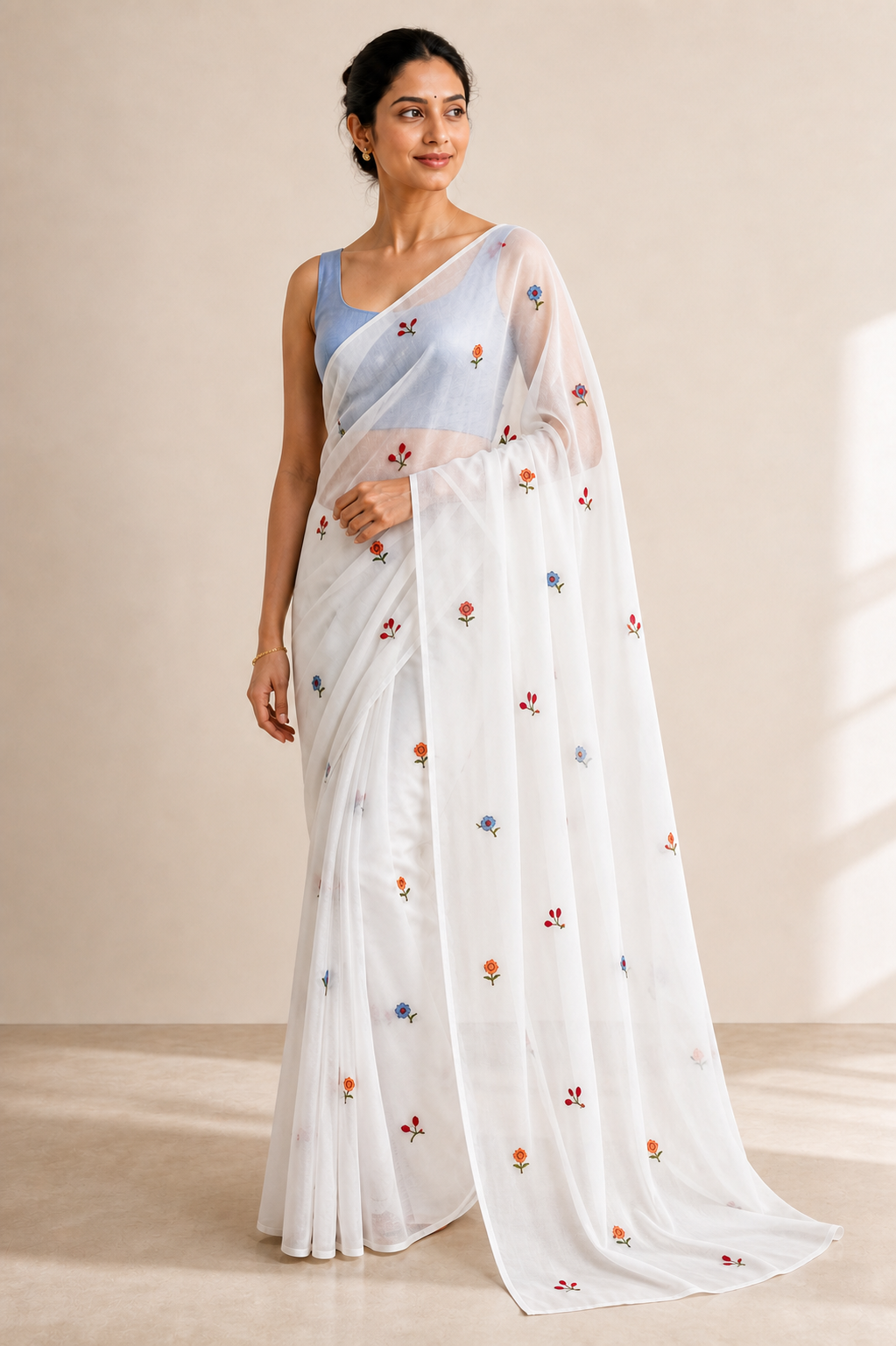 Peachmode White Floral Embroidered Georgette Saree with Light Blue Blouse - Image 4