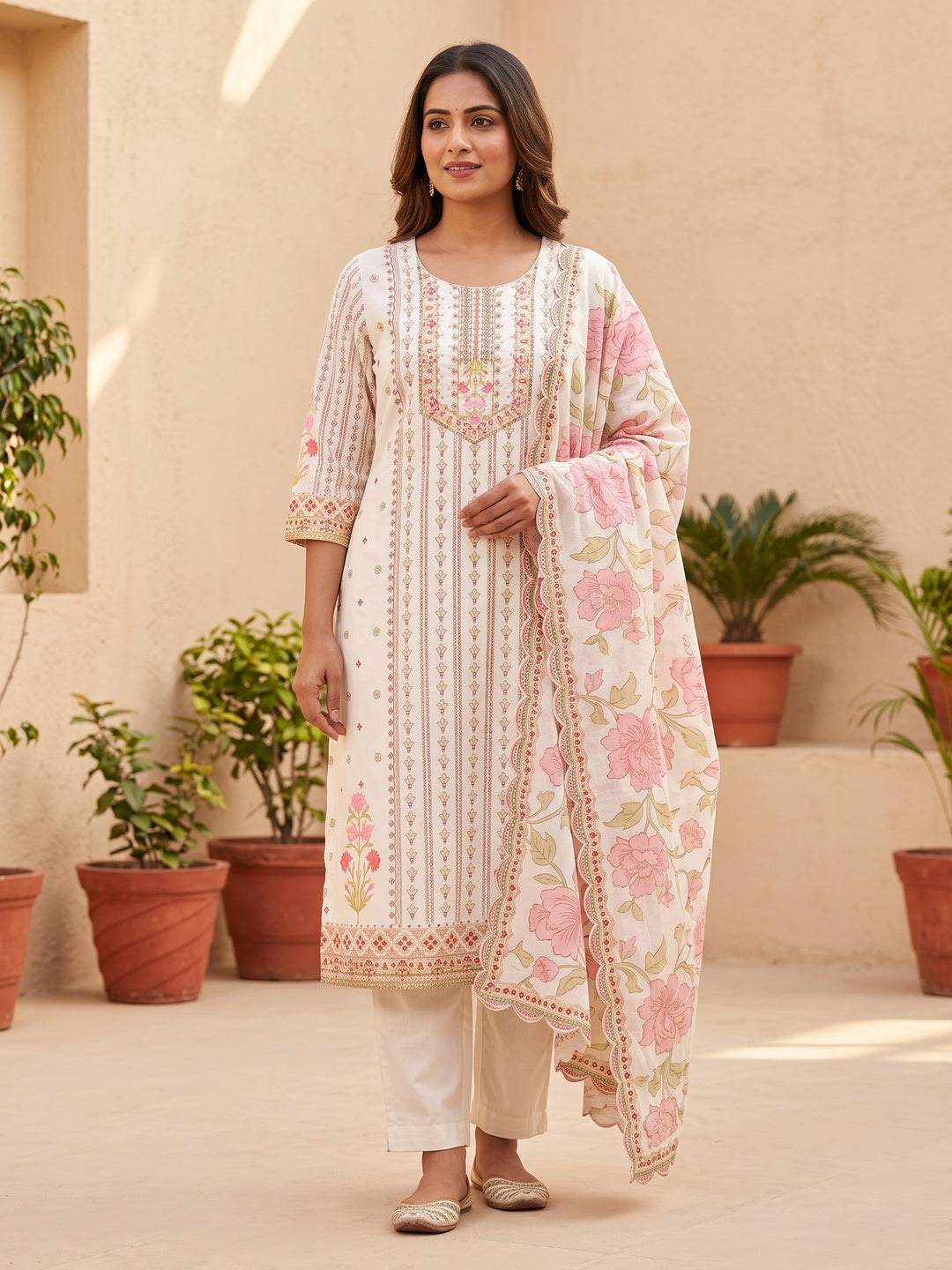 Peachmode Off White Pure Cotton Floral Embroidered Salwar Suit Set - Image 1