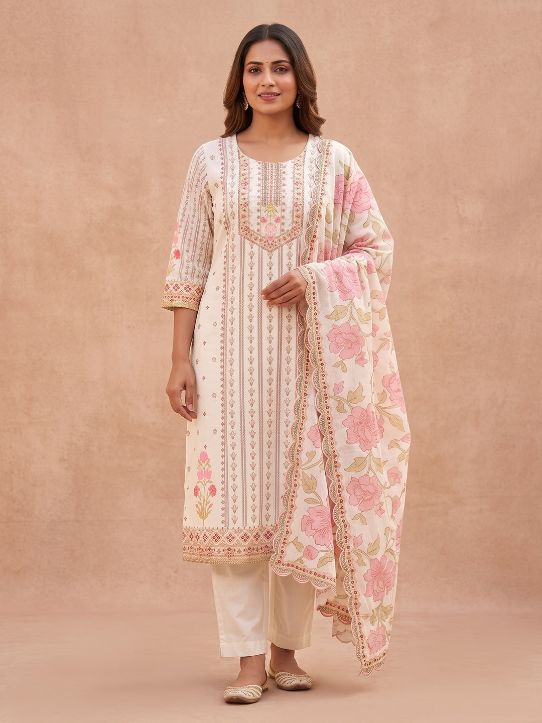 Peachmode Off White Pure Cotton Floral Embroidered Salwar Suit Set - Image 2