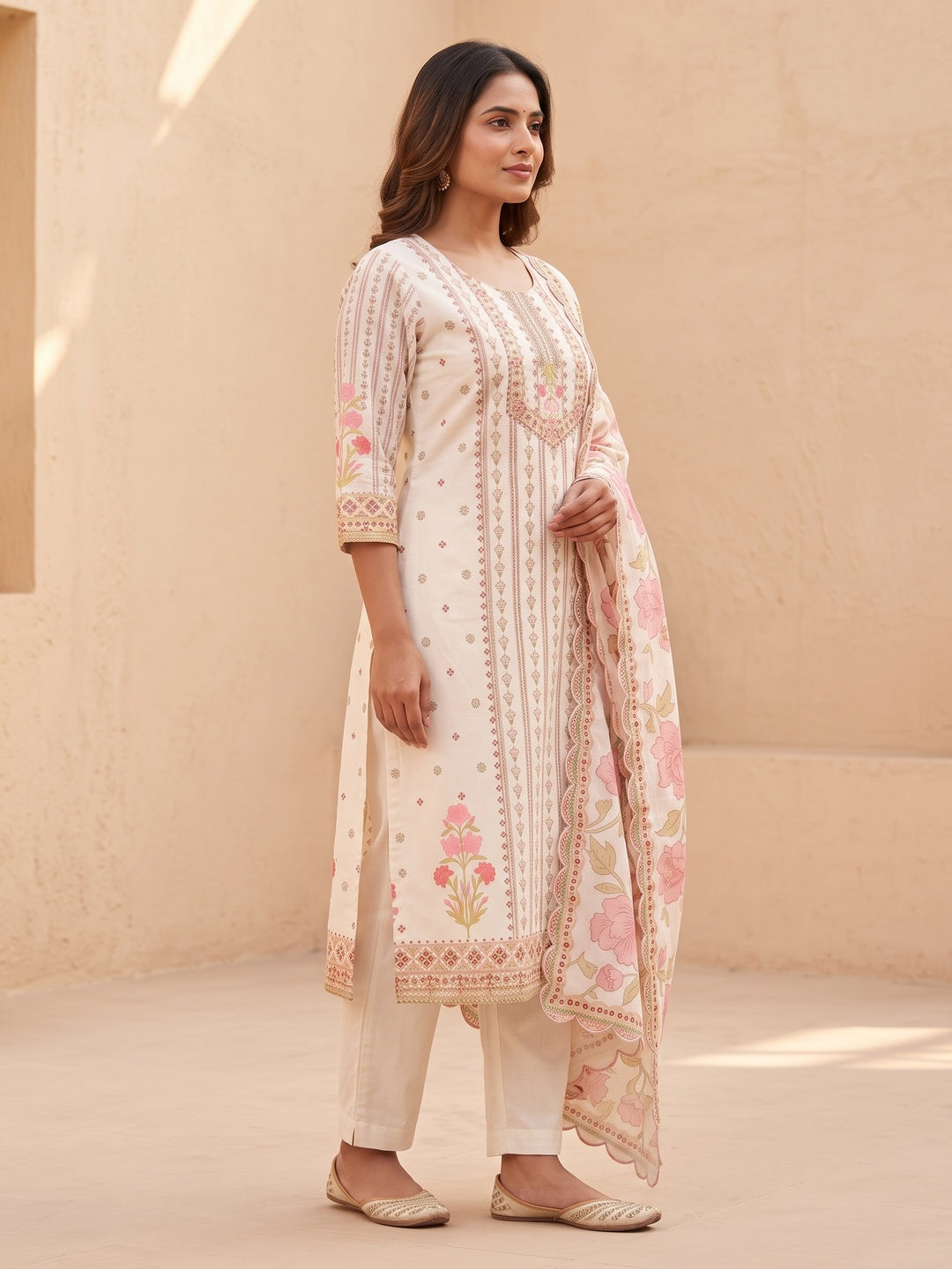 Peachmode Off White Pure Cotton Floral Embroidered Salwar Suit Set - Image 4