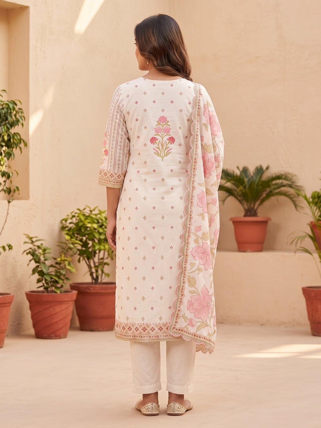 Peachmode Off White Pure Cotton Floral Embroidered Salwar Suit Set - Image 5