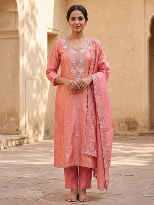 Peachmode Pink Silk Blend Embroidered Salwar Suit Set - Image 1