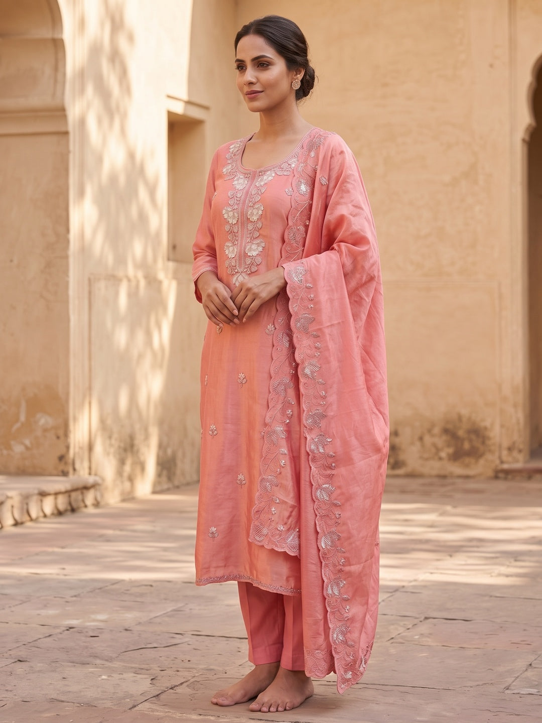 Peachmode Pink Silk Blend Embroidered Salwar Suit Set - Image 4
