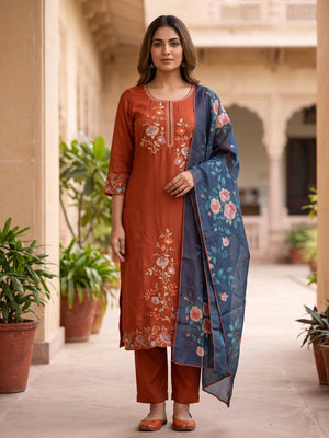 Peachmode Orange Viscose Blend Embroidered Salwar Suit Set - Image 1