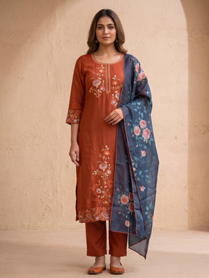 Peachmode Orange Viscose Blend Embroidered Salwar Suit Set - Image 2