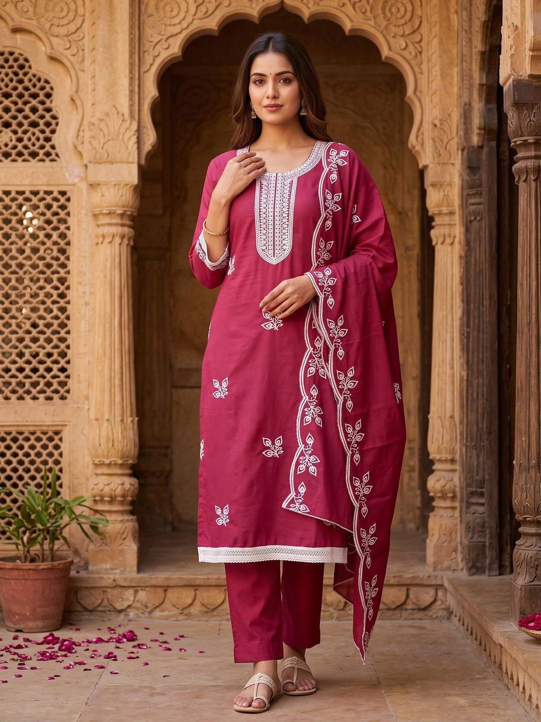 Pink Intricate Floral Embroidered Cotton Blend Dress Material - Image 1