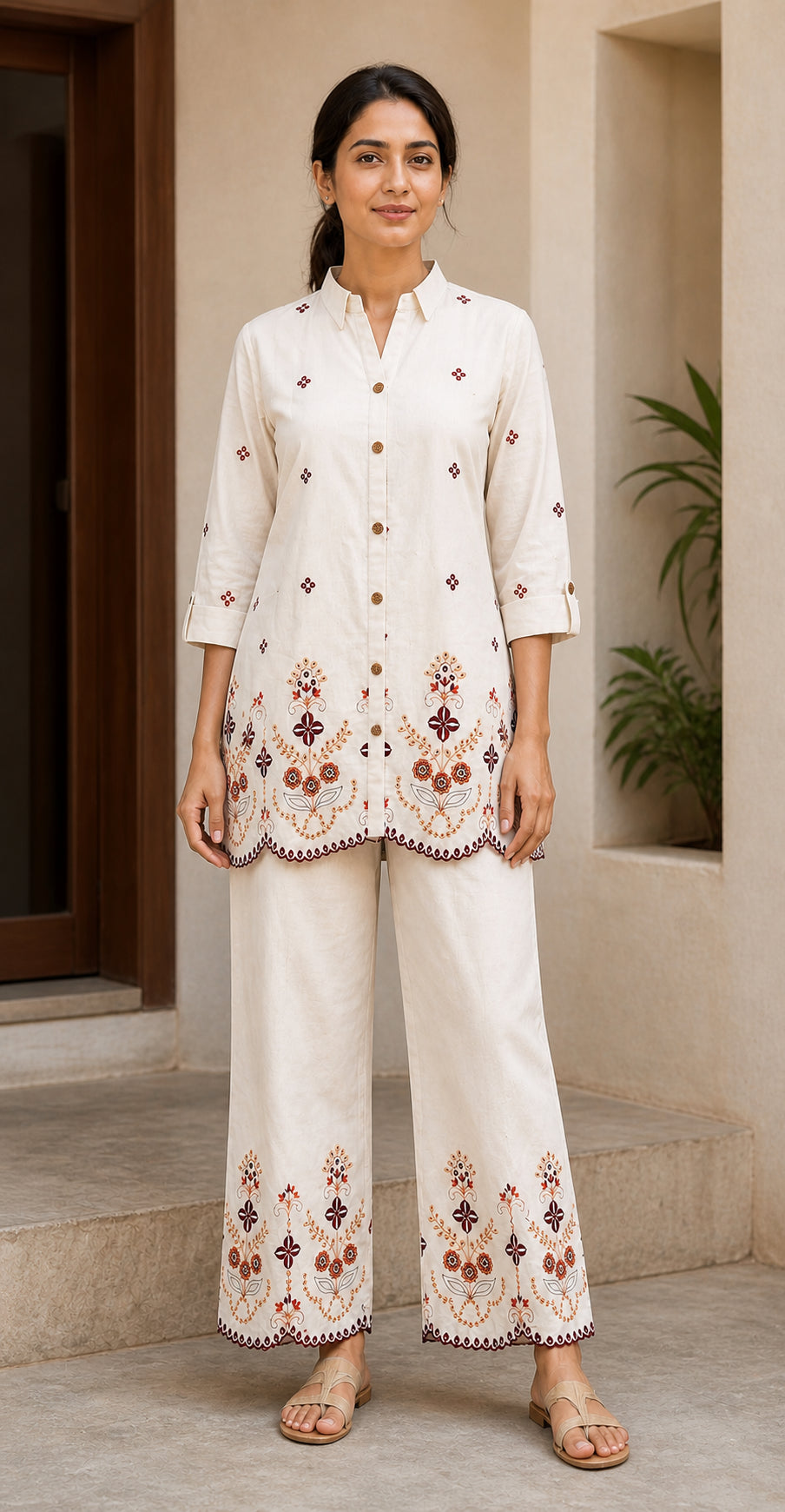 Peachmode Cream Pure Cotton Embroidered Co-ord Set - Image 2
