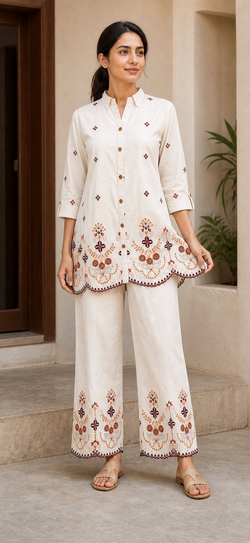 Peachmode Cream Pure Cotton Embroidered Co-ord Set - Image 5