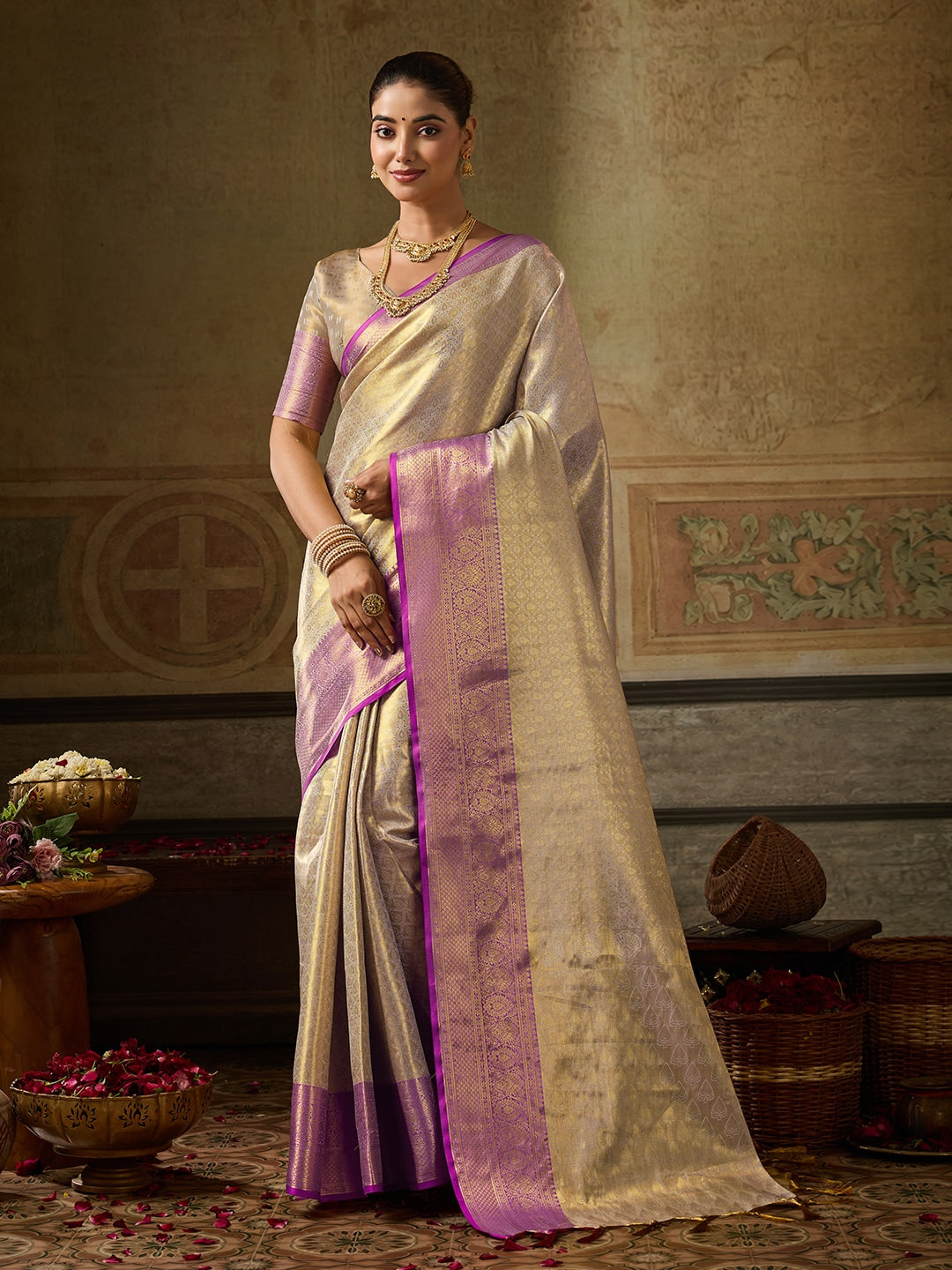Peachmode Cream Kanchivaram Silk Woven Saree - Image 1