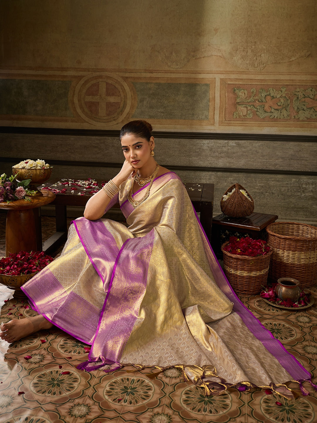 Peachmode Cream Kanchivaram Silk Woven Saree - Image 4