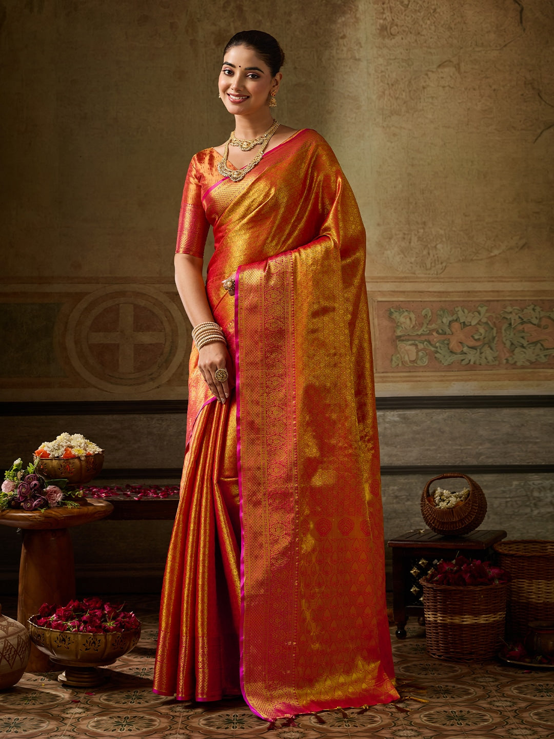Peachmode Orange Kanchivaram Silk Woven Saree - Image 1