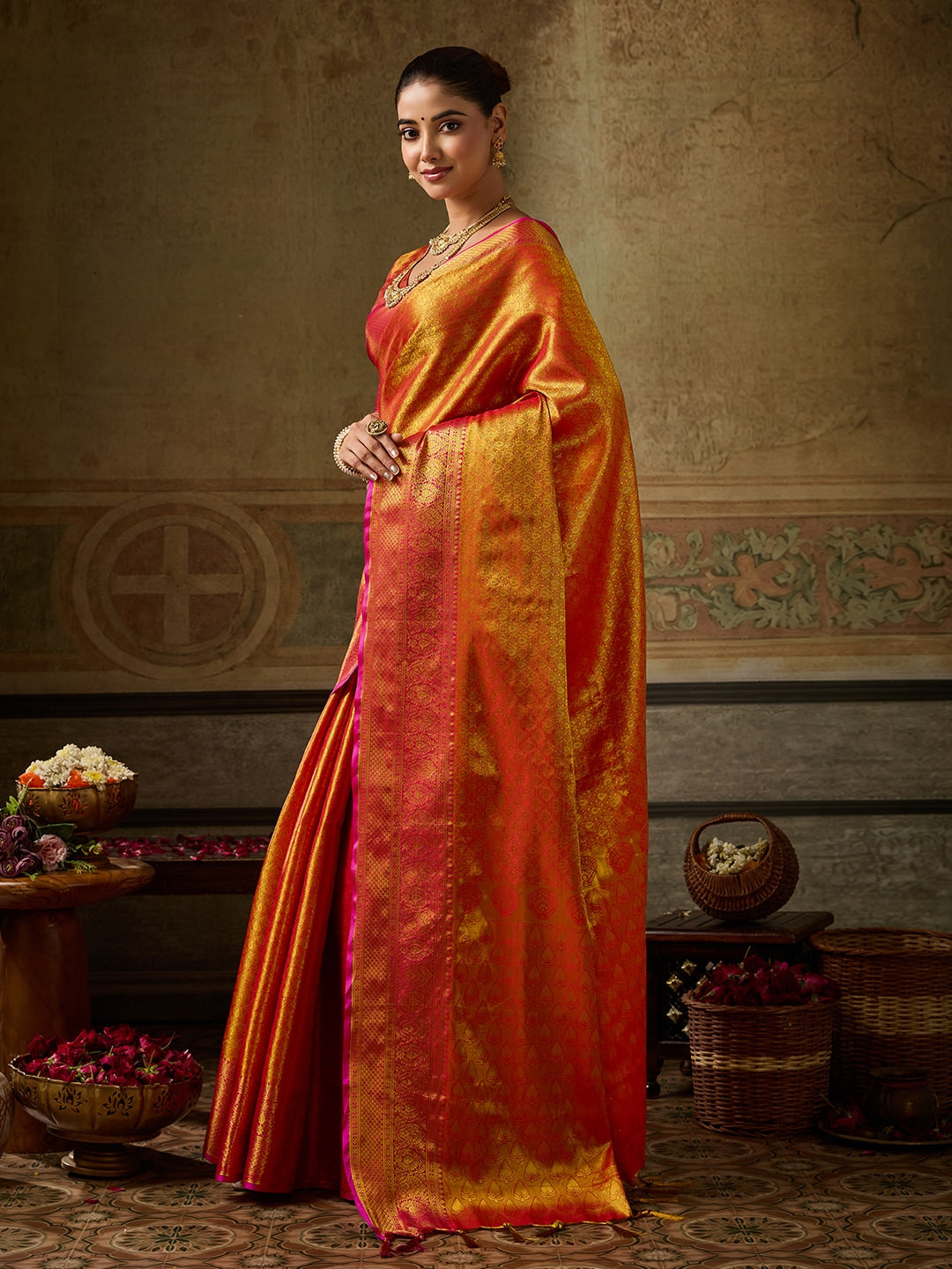 Peachmode Orange Kanchivaram Silk Woven Saree - Image 2