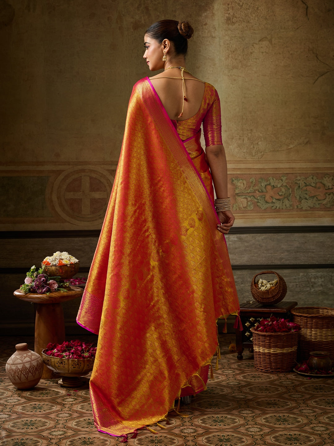Peachmode Orange Kanchivaram Silk Woven Saree - Image 3