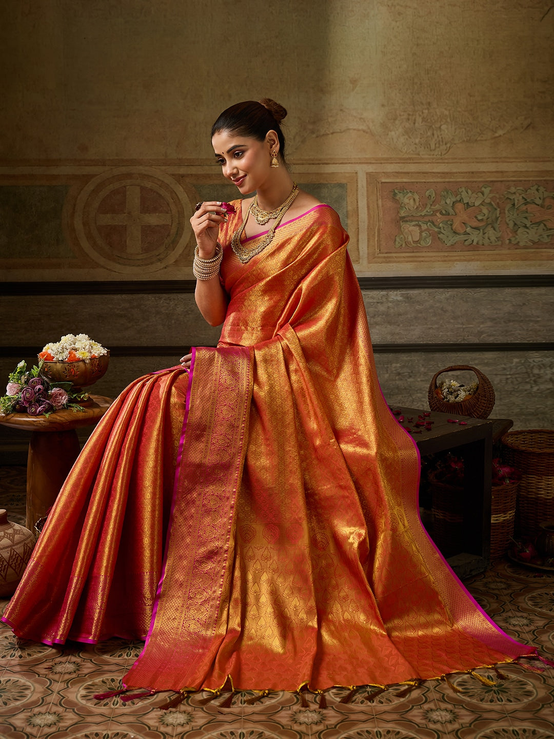 Peachmode Orange Kanchivaram Silk Woven Saree - Image 4