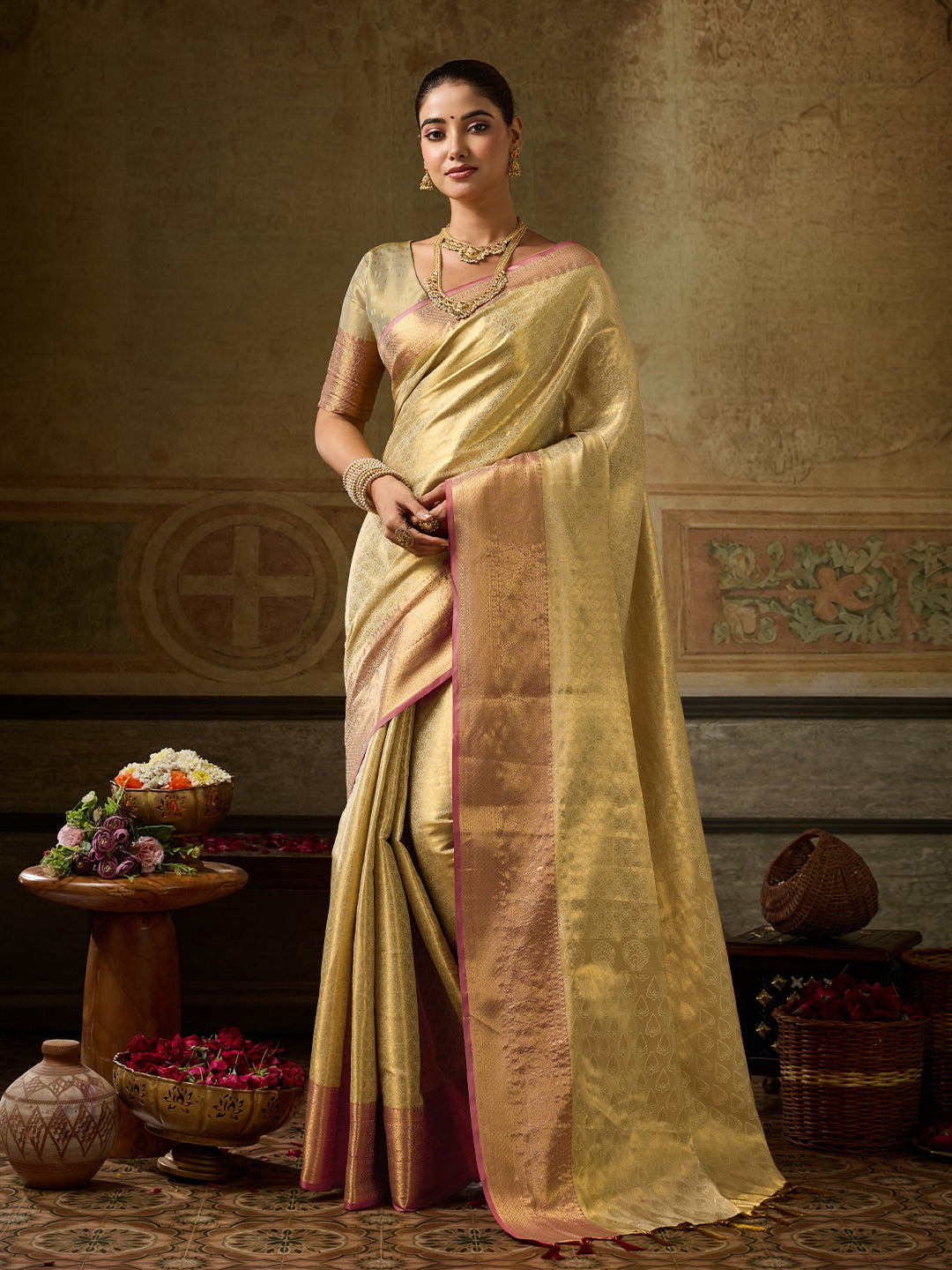 Peachmode Golden Kanchivaram Silk Woven Saree - Image 1