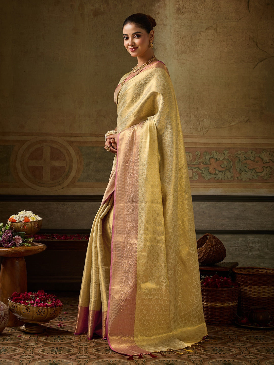 Peachmode Golden Kanchivaram Silk Woven Saree - Image 2