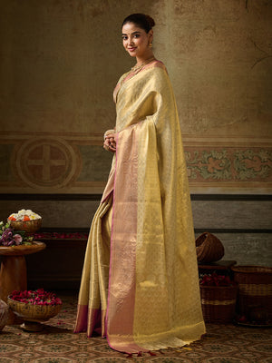 Peachmode Golden Kanchivaram Silk Woven Saree - Image 2
