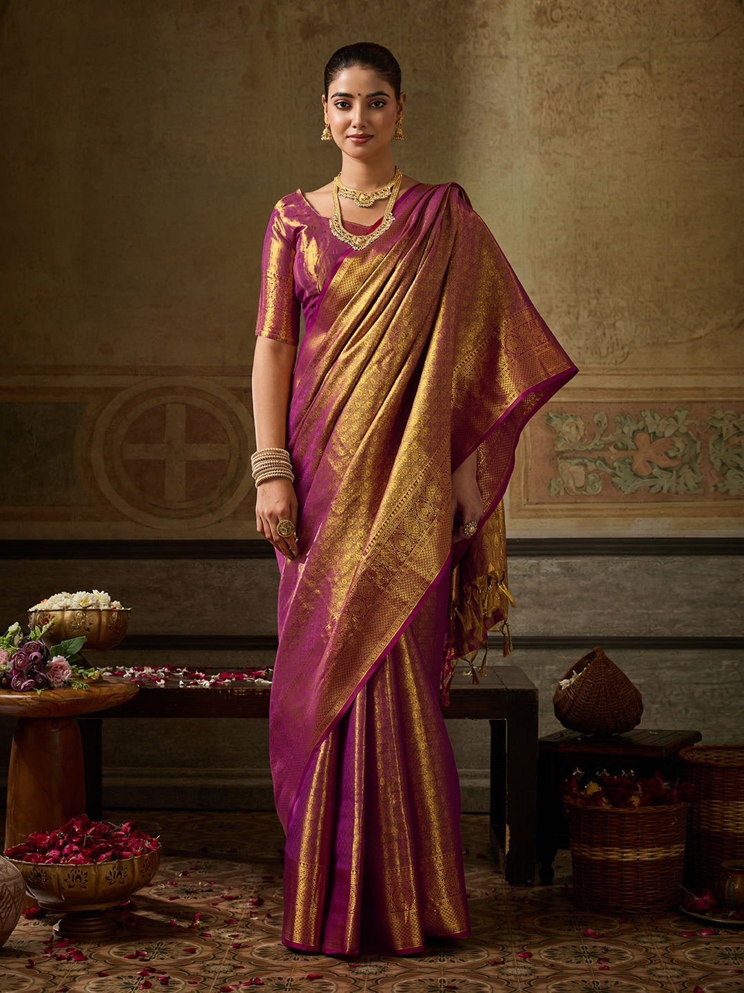 Peachmode Wine Kanchivaram Silk Woven Saree - Image 2