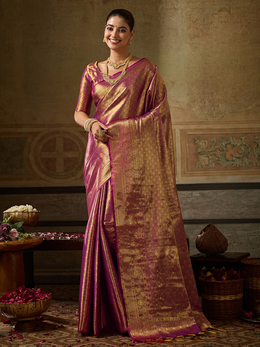 Peachmode Wine Kanchivaram Silk Woven Saree - Image 1