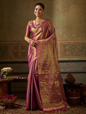 Peachmode Wine Kanchivaram Silk Woven Saree - Image 1