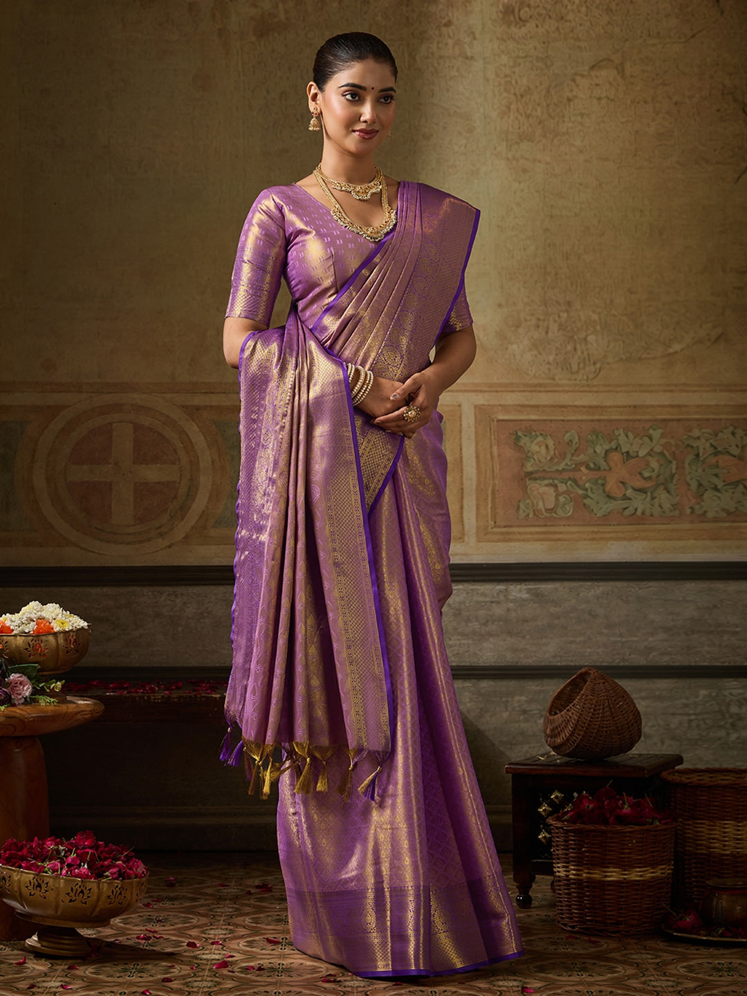 Peachmode Lavender Kanchivaram Silk Woven Saree - Image 1