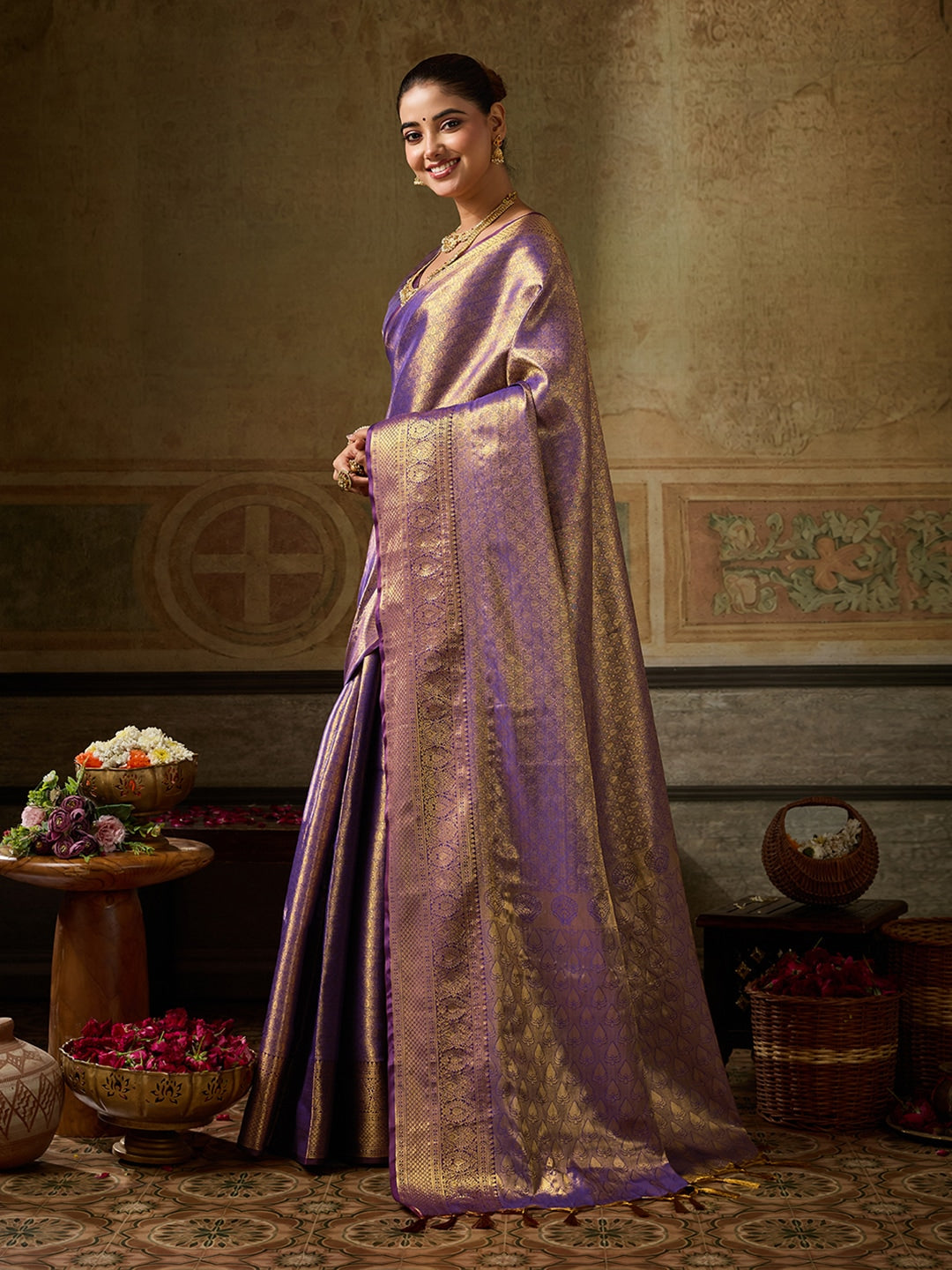 Peachmode Purple Kanchivaram Silk Woven Saree - Image 2