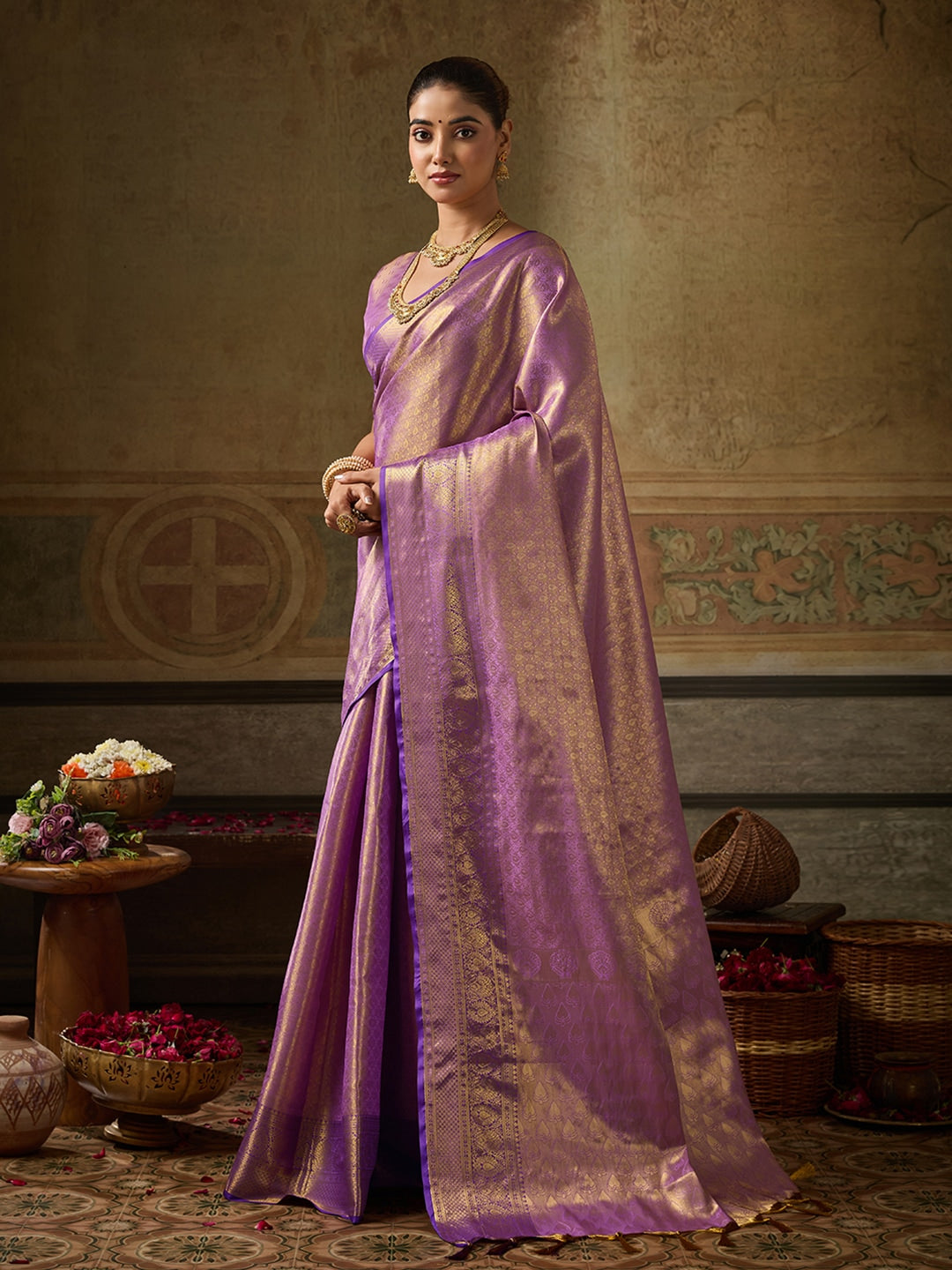 Peachmode Lavender Kanchivaram Silk Woven Saree - Image 2