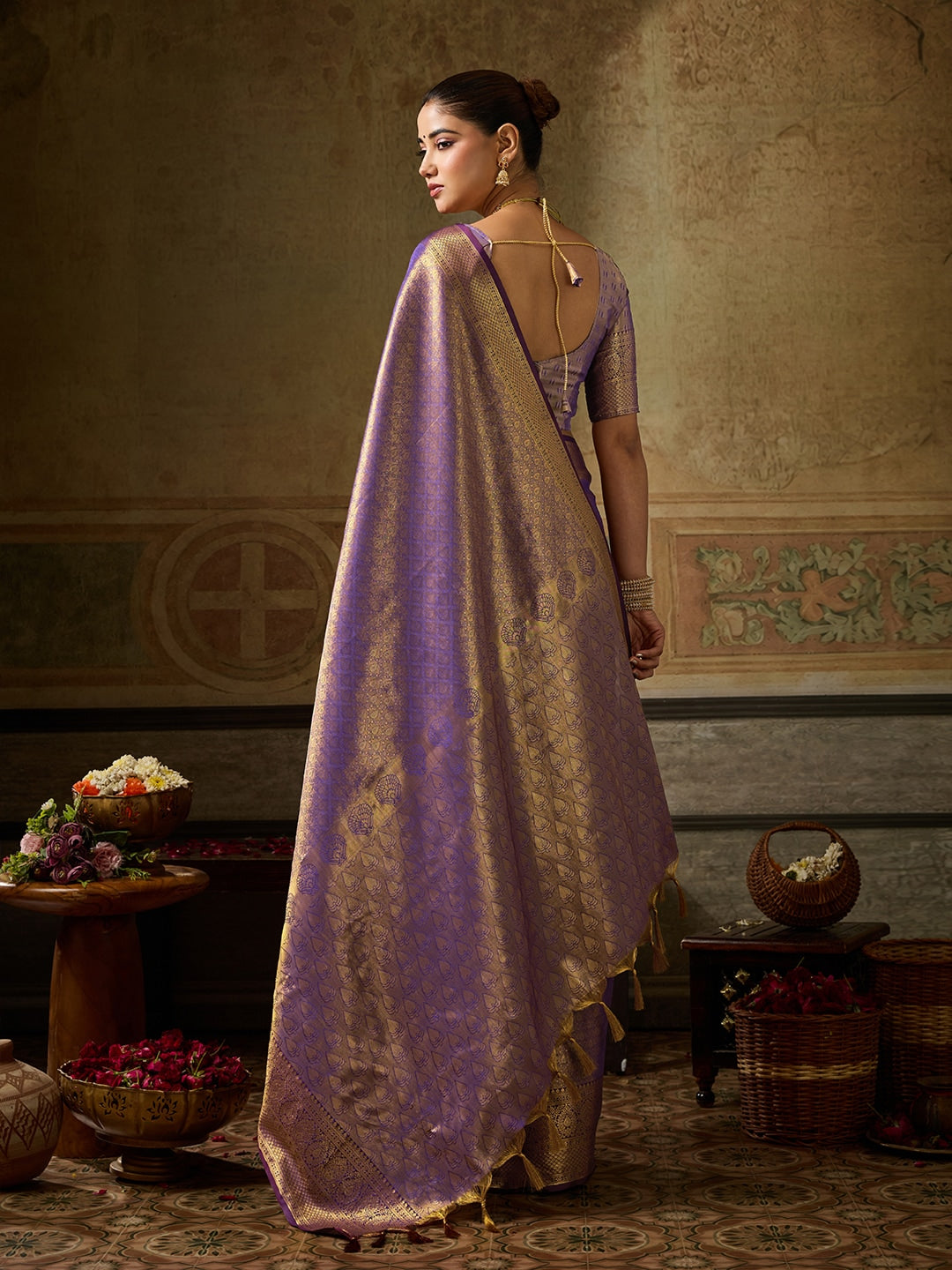 Peachmode Purple Kanchivaram Silk Woven Saree - Image 3