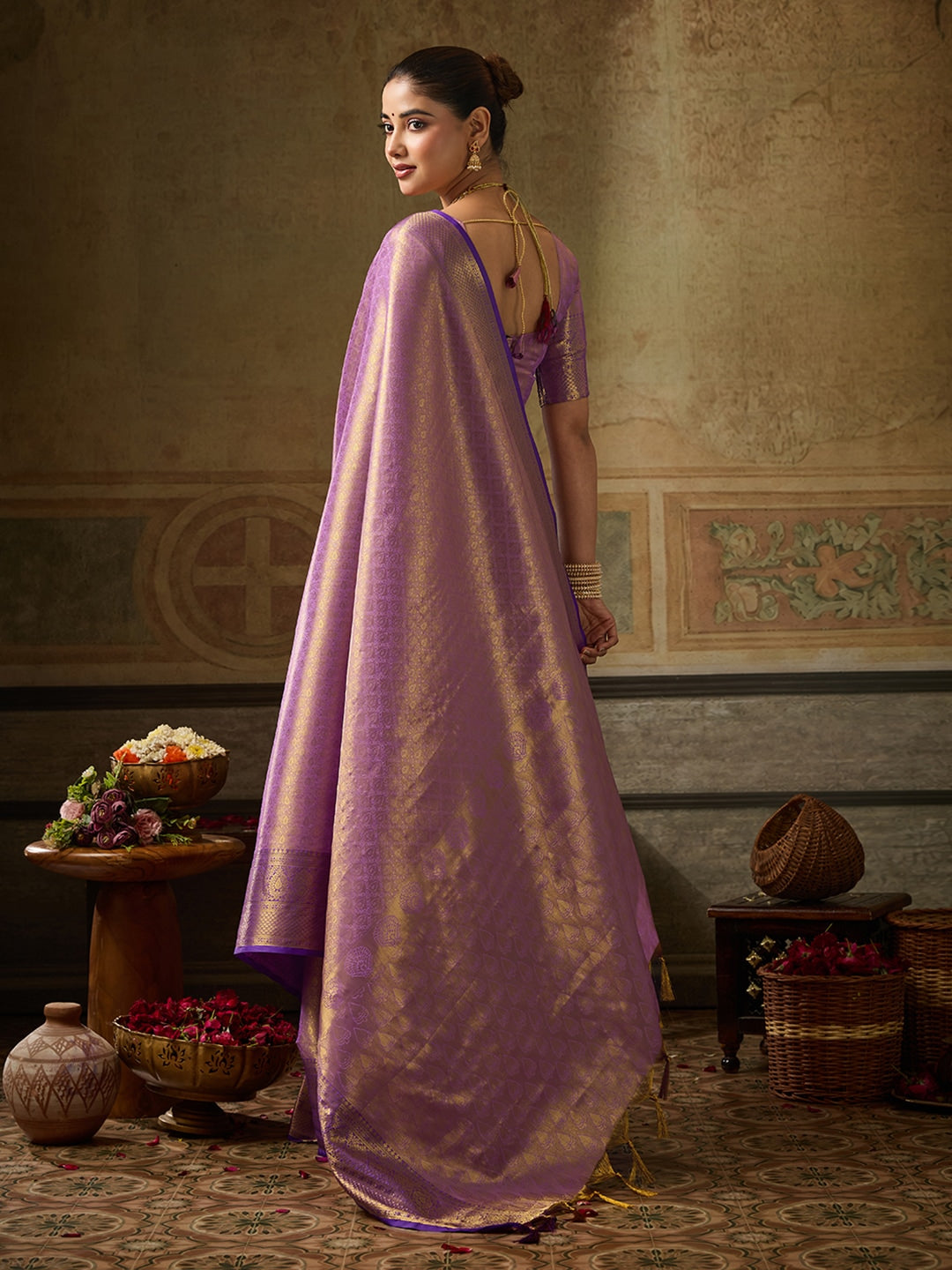 Peachmode Lavender Kanchivaram Silk Woven Saree - Image 3