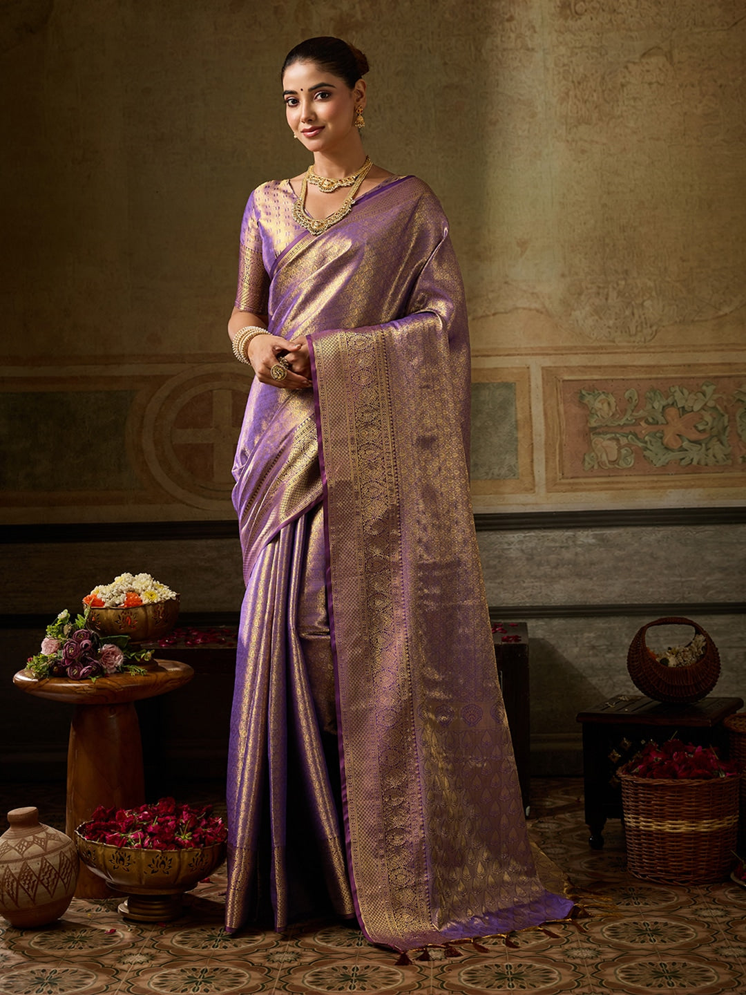 Peachmode Purple Kanchivaram Silk Woven Saree - Image 4
