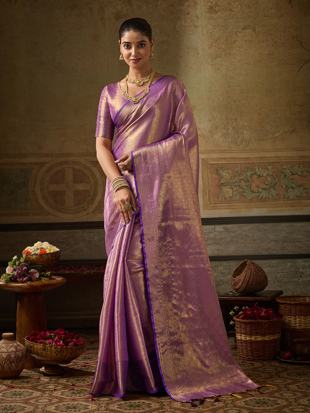 Peachmode Lavender Kanchivaram Silk Woven Saree - Image 4