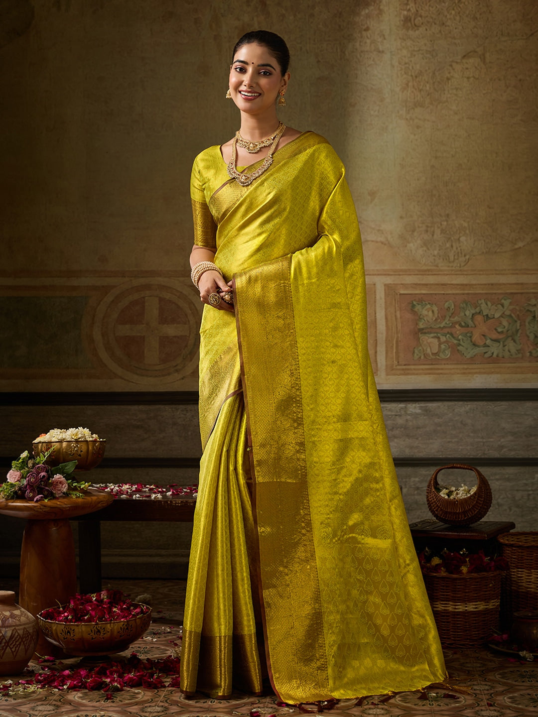 Peachmode Mustard Kanchivaram Silk Woven Saree - Image 1