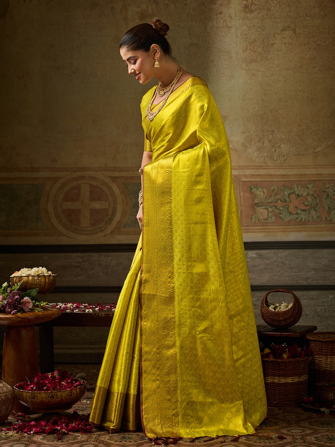 Peachmode Mustard Kanchivaram Silk Woven Saree - Image 2