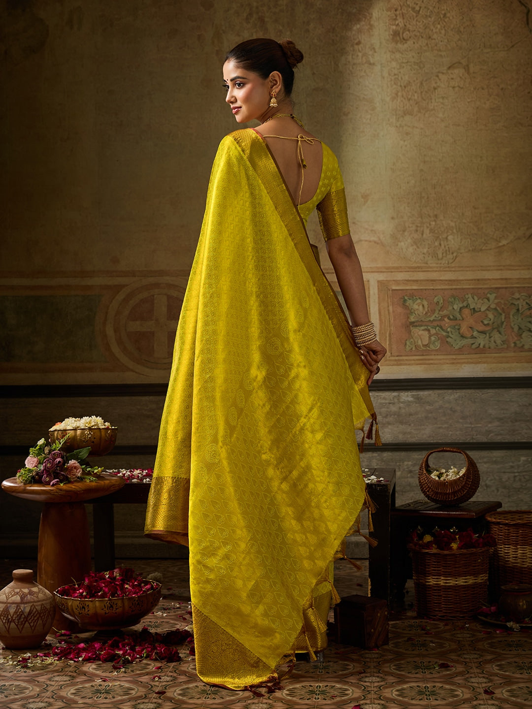 Peachmode Mustard Kanchivaram Silk Woven Saree - Image 3
