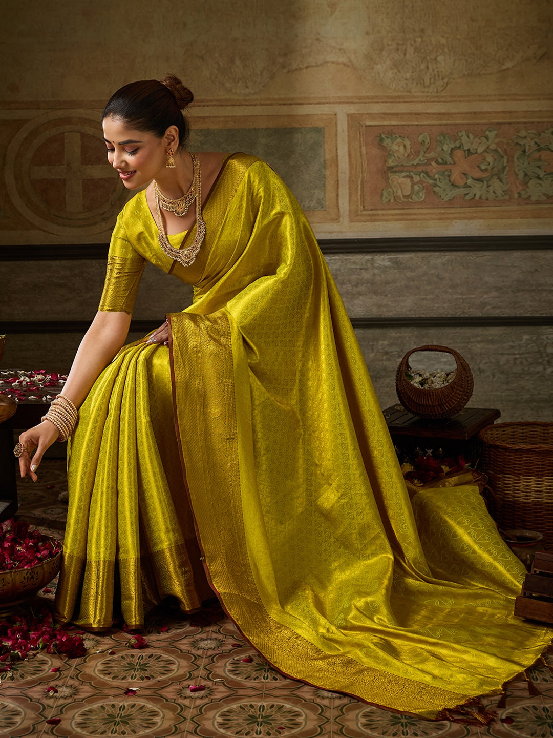 Peachmode Mustard Kanchivaram Silk Woven Saree - Image 4