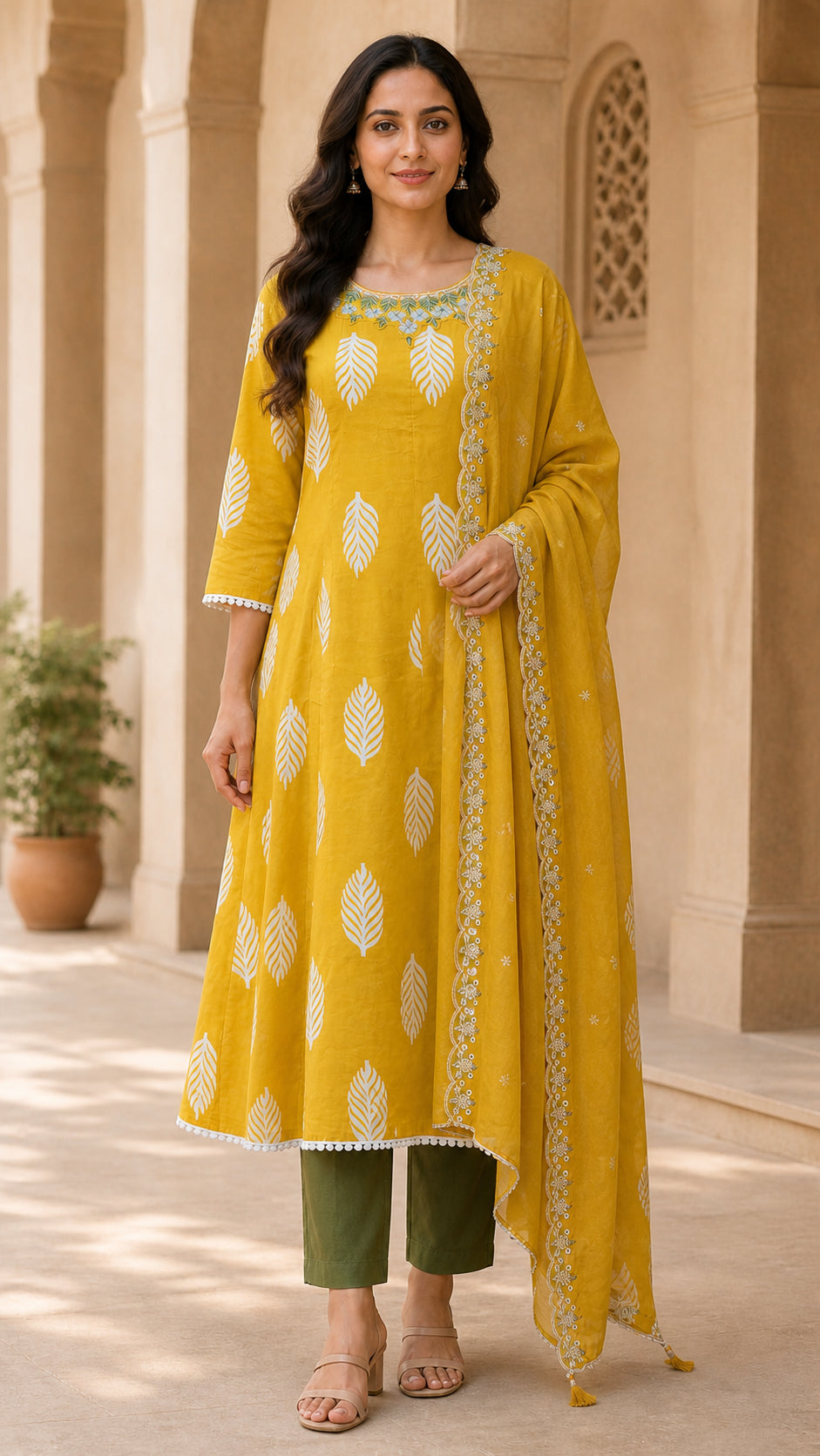 Peachmode Mustard Pure Cotton Embroidered Anarkali Salwar Suit - Image 2