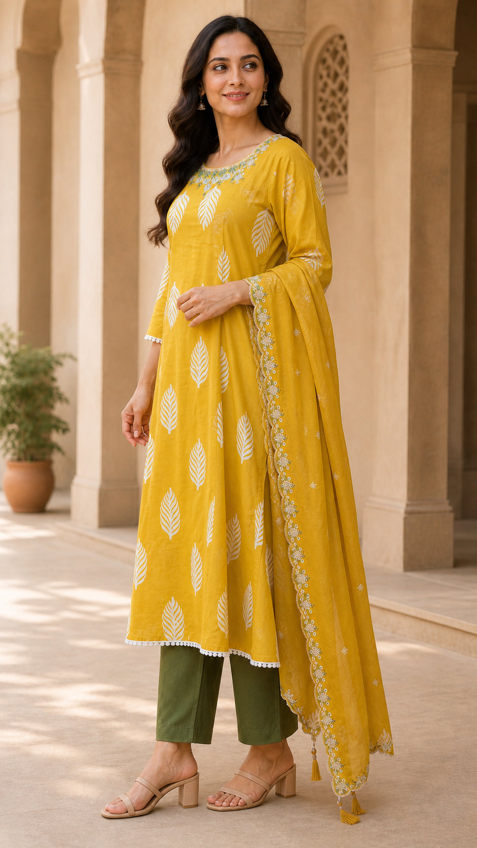 Peachmode Mustard Pure Cotton Embroidered Anarkali Salwar Suit - Image 3