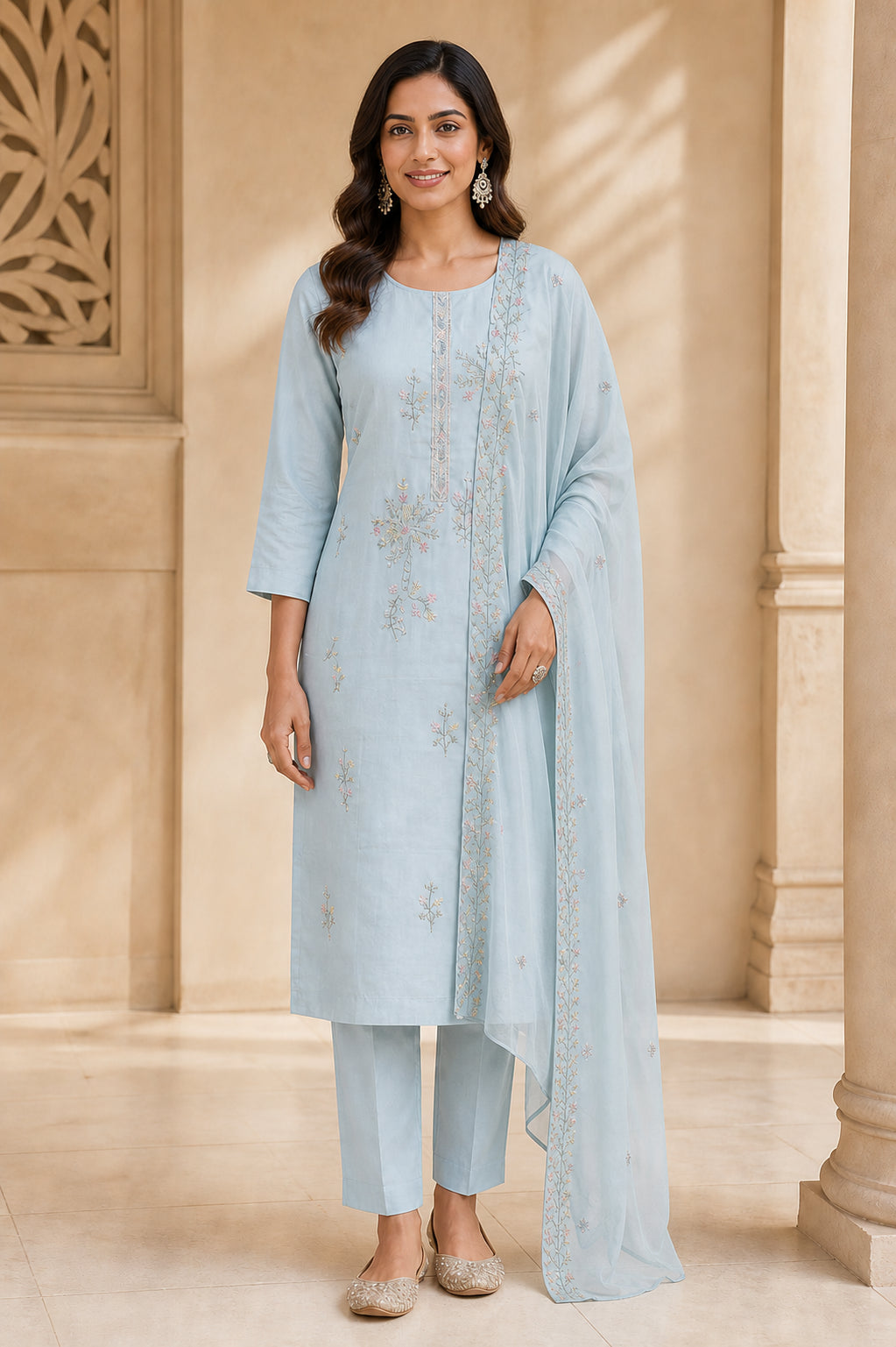 Peachmode Light Blue Viscose Blend Beaded Embroidered Salwar Suit - Image 2
