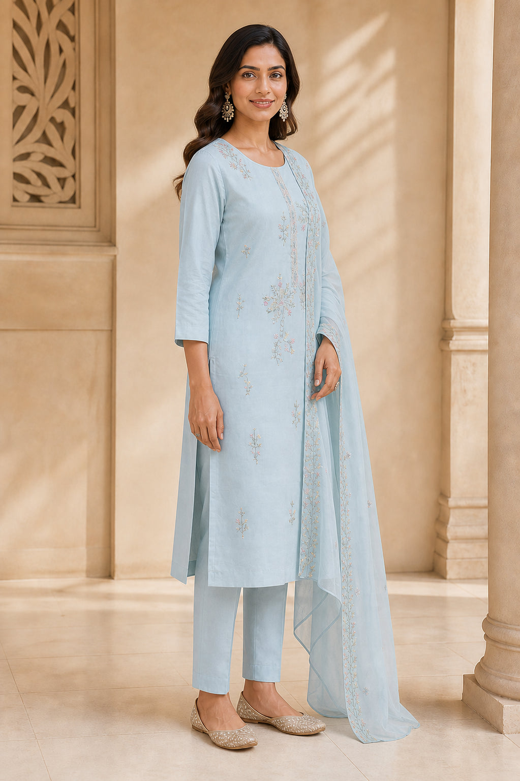 Peachmode Light Blue Viscose Blend Beaded Embroidered Salwar Suit - Image 3