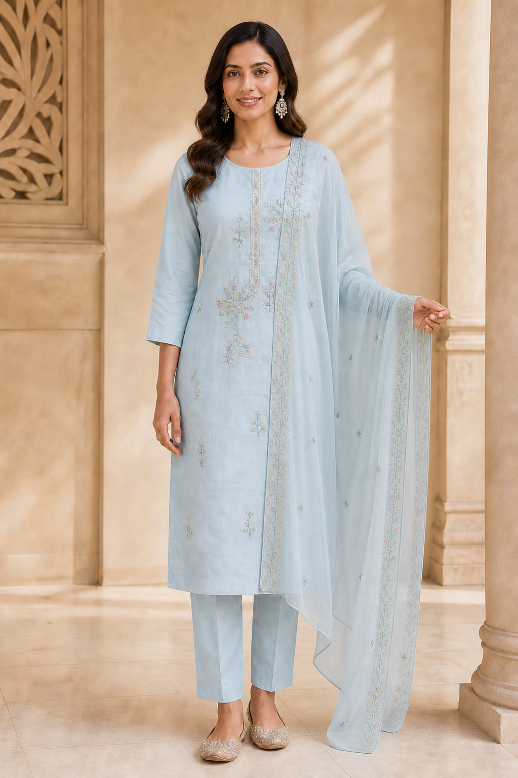 Peachmode Light Blue Viscose Blend Beaded Embroidered Salwar Suit - Image 5