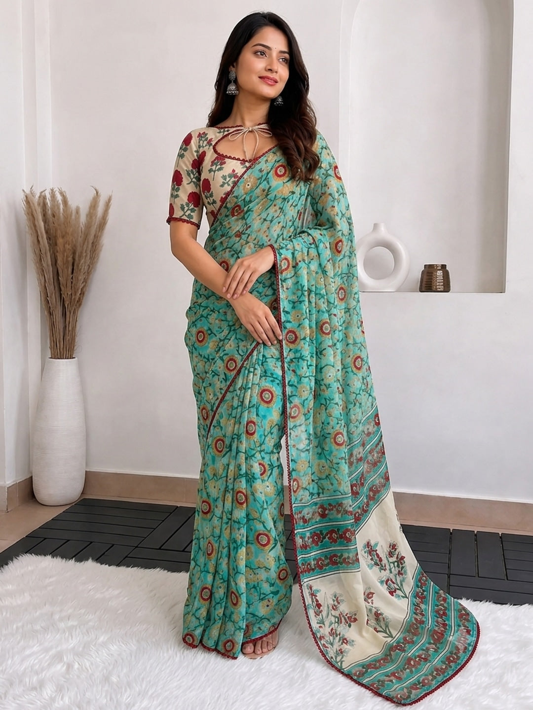 Peachmode Teal Mirror Work Printed Georgette Saree - Image 1