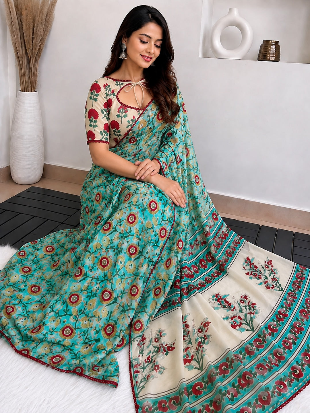 Peachmode Teal Mirror Work Printed Georgette Saree - Image 2